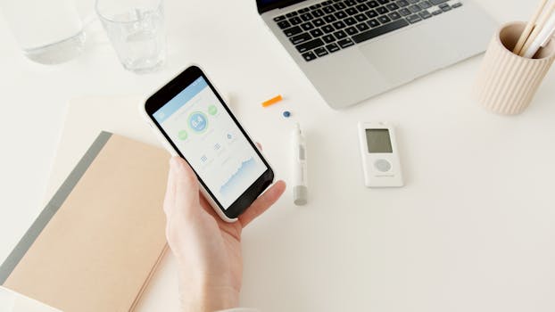 A person checks glucose levels on a smartphone app next to diabetes monitoring equipment.