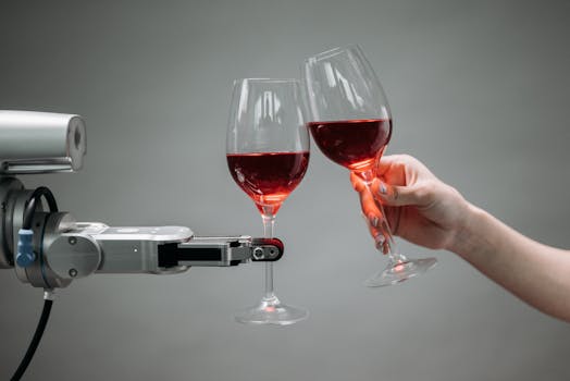 A robot and a human hand clinking glasses of red wine, symbolizing technology and celebration.