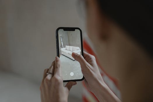 Person using augmented reality on smartphone to visualize a sofa in a room.